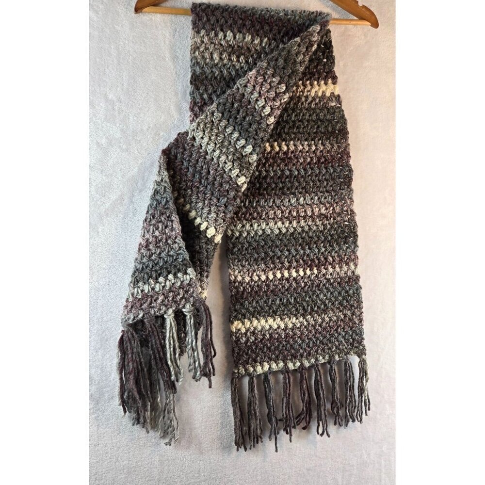 Crochet Shawl Scarf 10"x60" Gray Plum Cream Knitted Neck Warmer Fringe Cottage